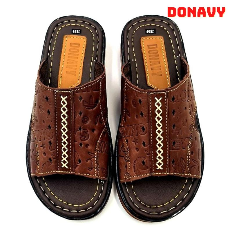 Dép Quai Ngang Nam Da Bò Thật DONAVY Khâu Đế Chắc Chắn Bao Đi Mưa Đế Cao 03 cm Chống Trơn Trượt D.QNC