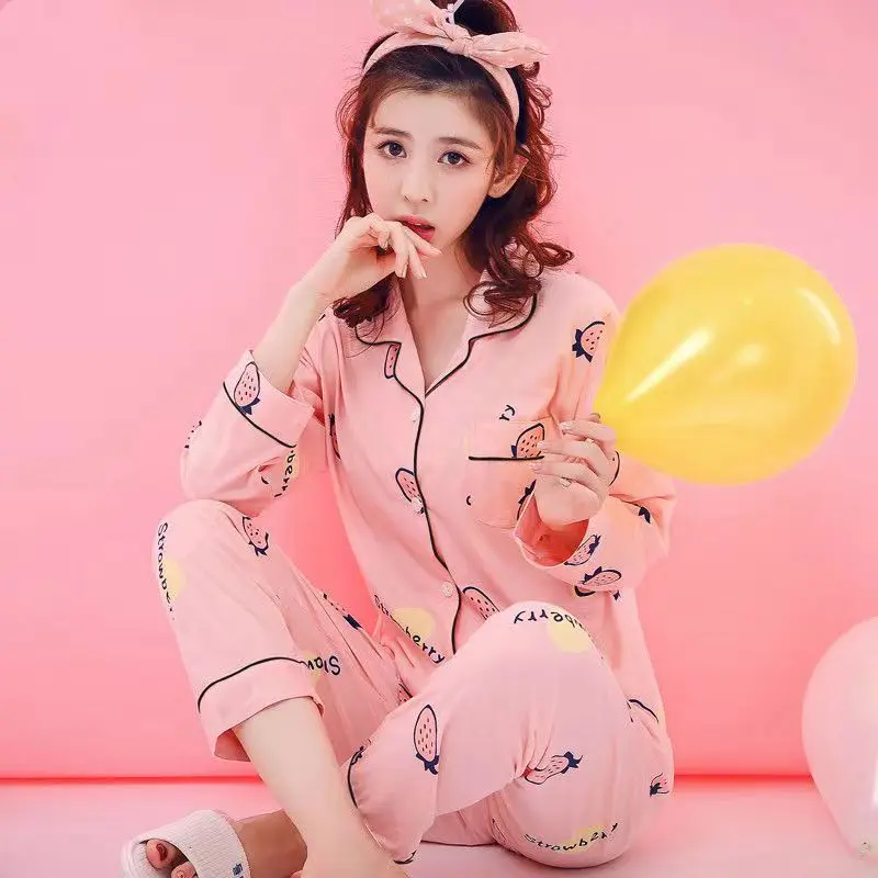 Pure cotton pajamas for women in spring autumn summer long sleeved sweet and cute Korean version of girl's all cotton set for home wear Loungewear Nightwear