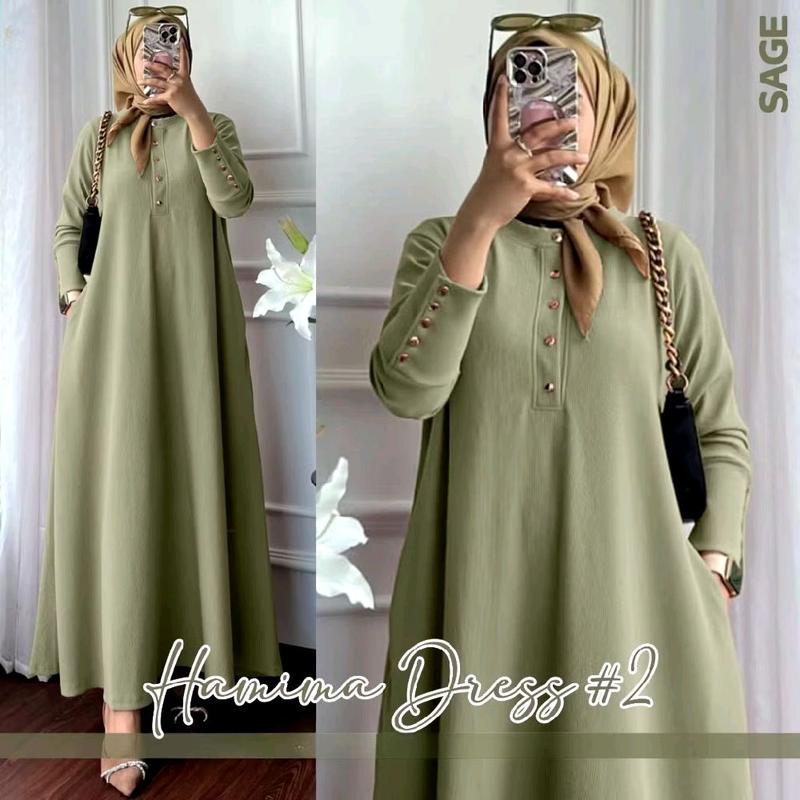 Terlaris Dress wanita terbaru, Himama dress knit,Dress knit inara kancing gold premium,Gamis Wanita Muslim Dewasa Mewah Pesta Kondangan Gaun Lebaran Simple Nyaman Cantik Formal Panjang 6
