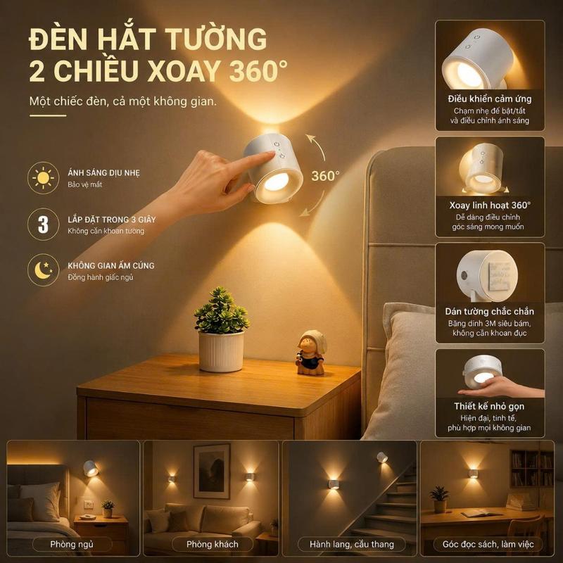 Đèn Hắt Tường Sạc USB 2 Chiều Xoay 360 ° 3 Màu, Điều Khiển Từ Xa, Dán Tường Không Khoan MKF123