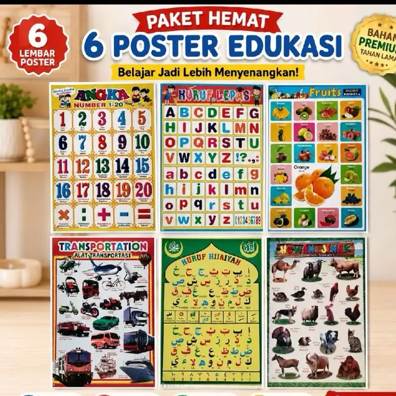 Paket Hemat 6 Poster Edukasi - Belajar Jadi Lebih Menyenangkan dengan 6 Lembar Poster Angka Huruf Fruits Transportasi dan Hewan