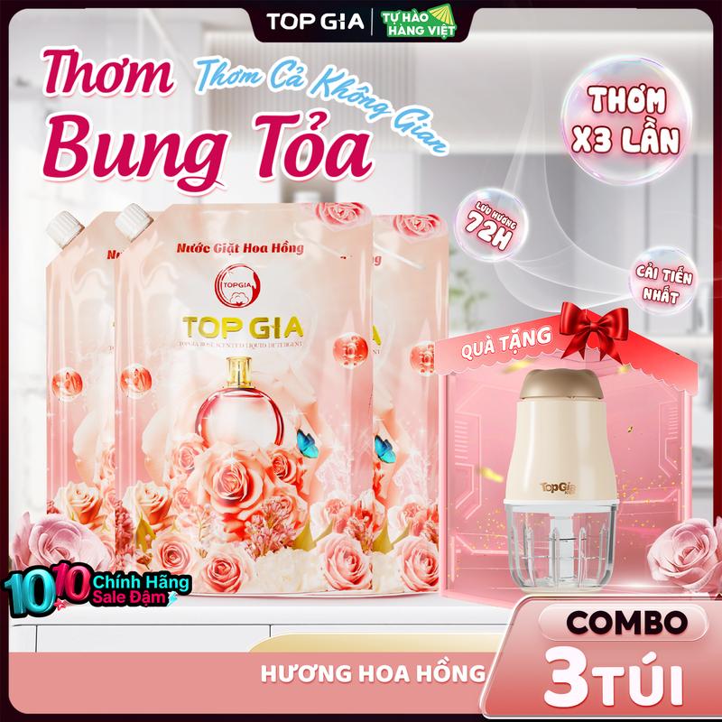[TẶNG MÁY XAY 850K] Combo 3 Túi  Nước giặt Lavender, Hoa Hồng TOPGIA 1L Tặng 1 Máy Xay Càm Tay TOPGIA KIDS - An toàn cho bé và lưu hương dài lâu, (1L) nth