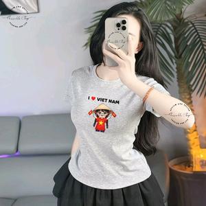 Áo Thun Babytee Basic Nữ Thun Borip Size S Form Bóp Eo Nhẹ, Nữ Cổ Tròn Tay Ngắn In Hình Chữ "Hoạt Náo Viên I Love Việt Nam", Áo Kỷ Niệm, Quốc Khánh 2/9, Áo Thun Việt Nam, Áo Thun Quê Hương, Women Sò Sen Hoa Sen Dáng Ngắn Thun