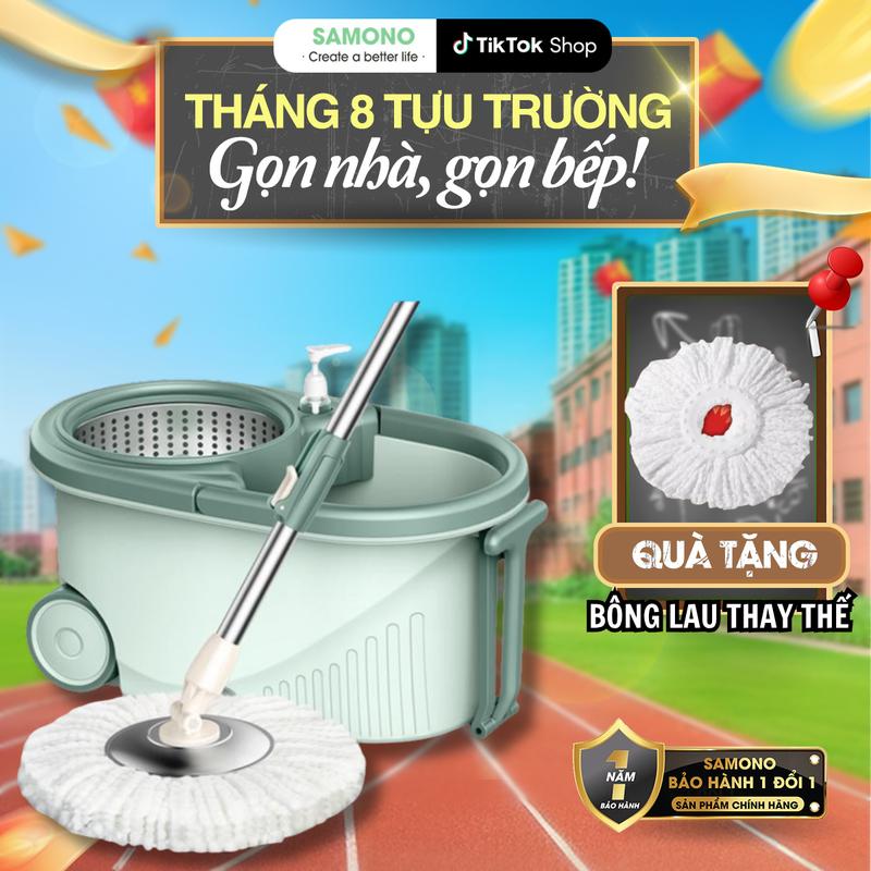 SAMONO Bộ Cây Lau Sàn Nhà Cao Cấp BCT706 2 Ngăn Chứa Xoay 360 Độ Lau Khô Lau Ướt Chất Liệu Nhựa PP & Inox Sợi Microfiber Thấm Hút Tốt Kèm Bình Xịt Nhỏ Gọn Gàng