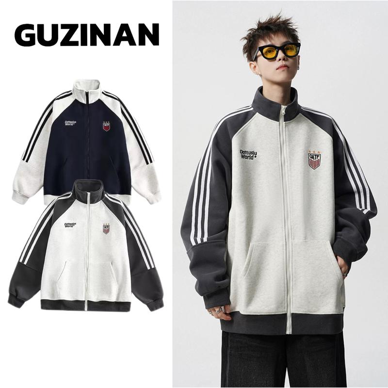  Áo Khoác Nỉ Zip Phối 3 Sọc Phong Cách GUZINAN  Chất Liệu Nỉ 2 Da Mềm Mịn Fom Boxy Rộng Nam Nữ 2025 Size M L XL Giặt Tay hoặc Giặt Máy 