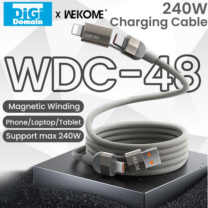 Digi × Wekome 4 trong 1 240W Cáp sạc quanh co từ tính, Cáp dữ liệu siêu nhanh E-Marker 1m USB-A Type-C hỗ trợ cho Macbook Air Pro iPad iPhone 15 16 Pro Max Laptop Thích hợp sử dụng trên ô tô kết nối có dây với Carplay WDC-48 Bộ Sạc Nhanh