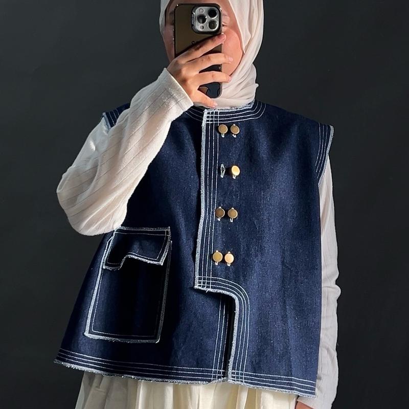 NUZI - Haein Vest Jeans Premium Kemeja Rompi Outer Wanita Atasan Oversized Woman Import Korean Style Shirt Stripe Sleveless 6