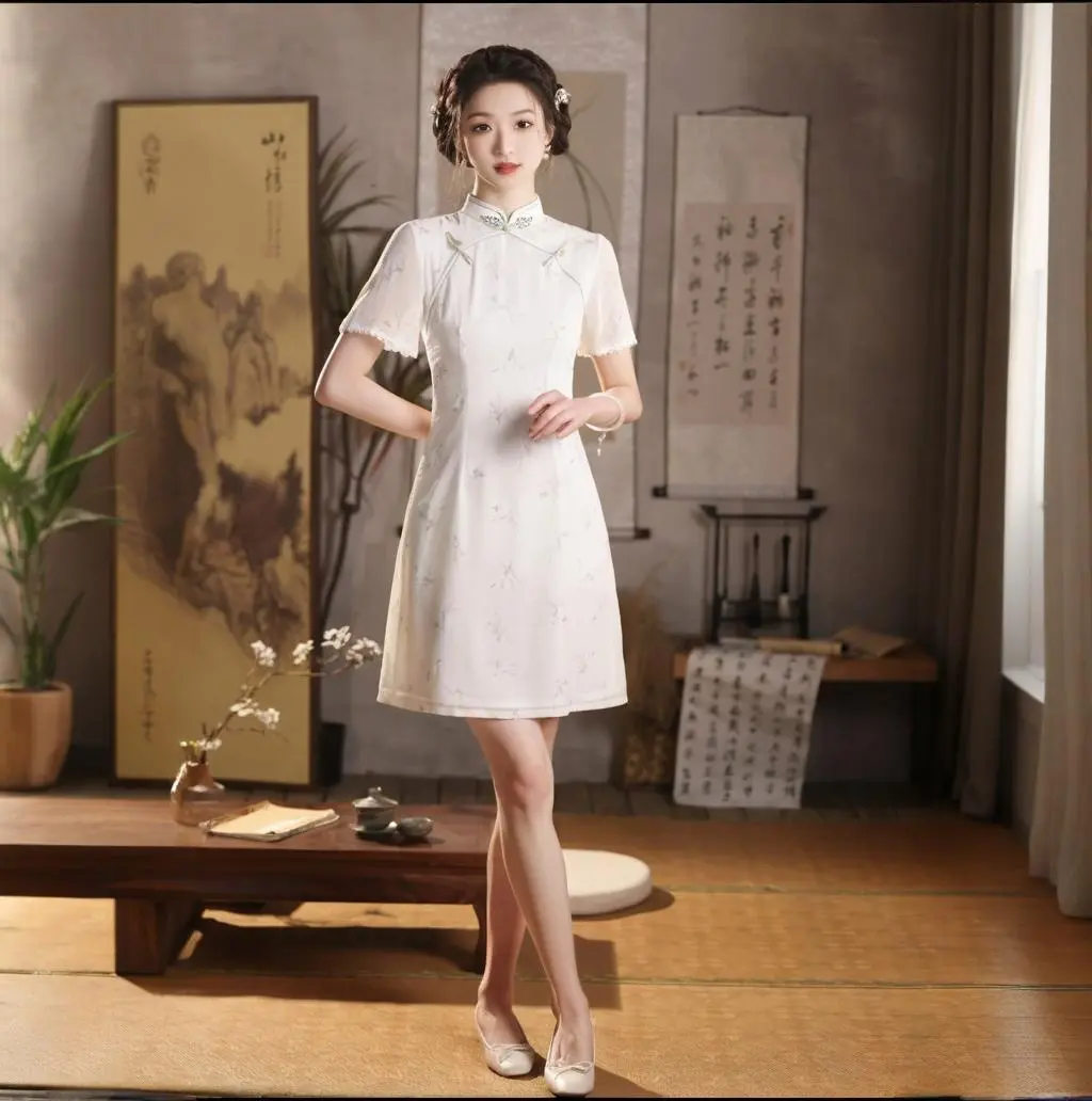 [New white lace short-sleeved short-sleeved cheongsam women] Elegant printing design, slim and temperament, suitable for women's daily/party scenes, easy to interpret the charm of oriental fashion!
