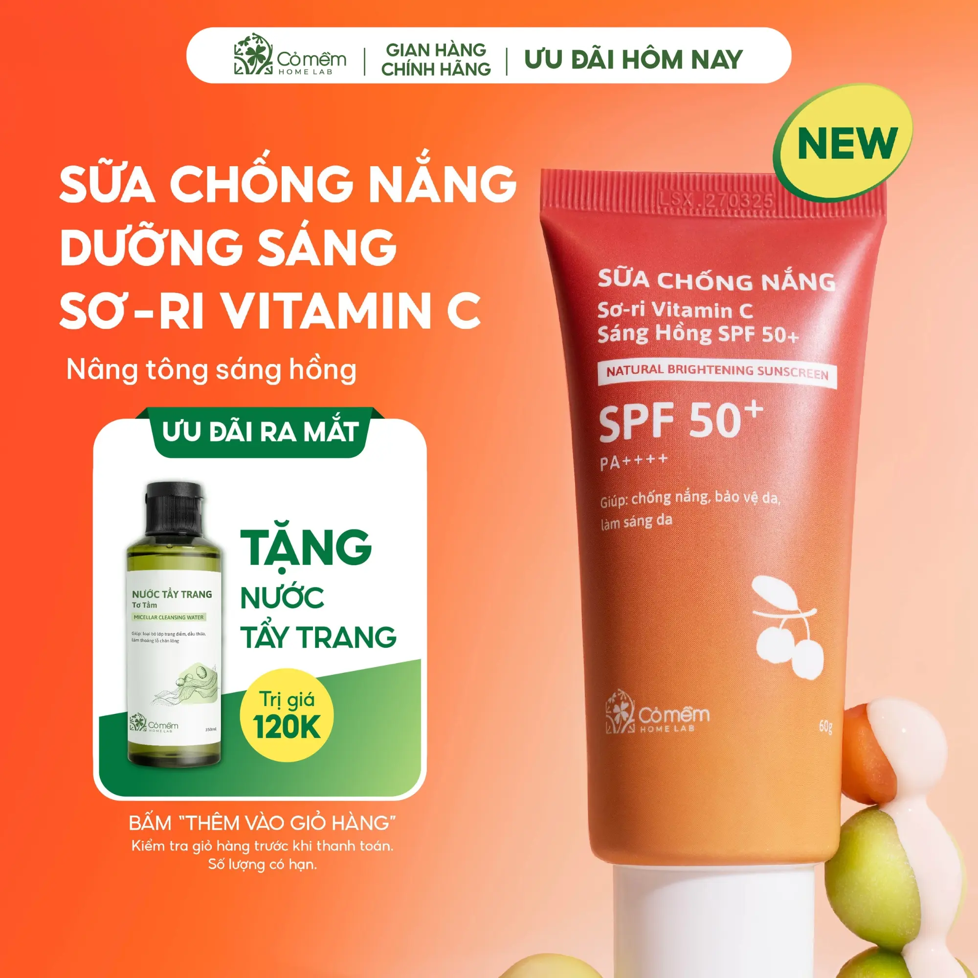 Sữa Chống Nắng Nâng Tone Sơ Ri Vitamin C Phổ Rộng SPF 50+ PA++++ Cỏ Mềm 60gr