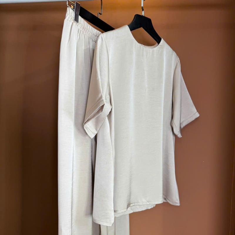 S222 SET ĐỒ NỮ GỒM ÁO CỔ TRÒN TAY NGẮN VÀ QUẦN SUÔNG DÀI CHẤT LIỆU LỤA BĂNG FREESIZE