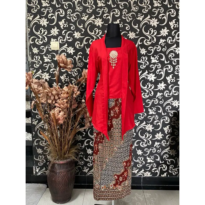 one set baju dewasa kebaya kutubaru katun premium Kancing //set kebaya modern kutubaru rok Motif batik plisket Wanita// Baju kebaya Setelan Remaja Kondangan Atasan dan Kain rok Bunga Dress Cantik//Baju Kombinasi setelan Hitam Tangan panjang Pesta Mewah 5