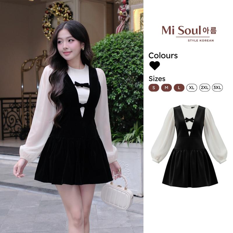  Váy Nhung Tay Bồng Phối Nơ Tiểu Thư Váy Nữ Dáng Chữ A Tay Phối Tơ Đầm Thiết Kế Misoul 510 