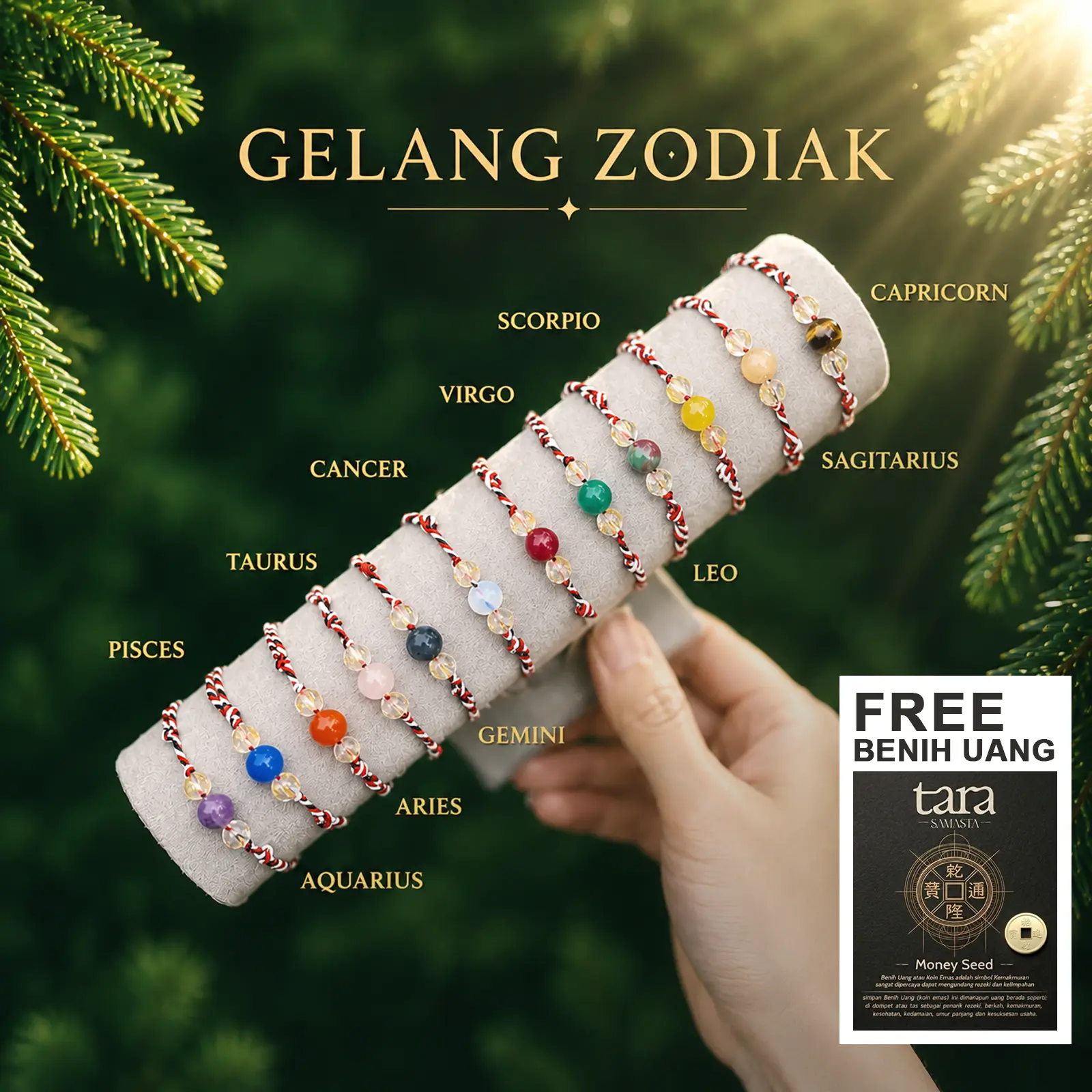 Gelang Tridatu Zodiak Keberuntungan - Tiga Kristal Mantra Aura Batu Alam Pria Wanita