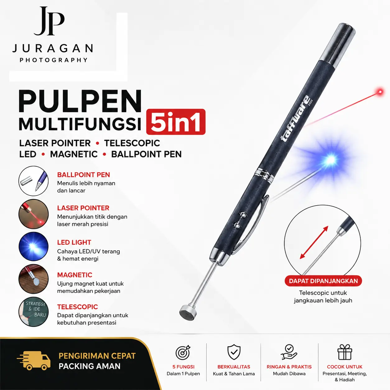 JP Taffware Pulpen Multifungsi 5in1 Laser Pointer Telescopic LED Magnetic - 5RLS