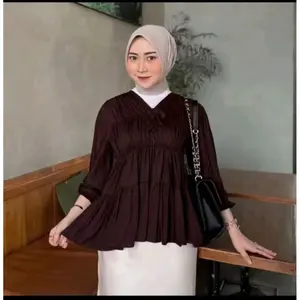 Mireya Blouse Kerut Rayon Atasan Wanita Polos Wanita Lengan Panjang Terbaru Rayon Twill