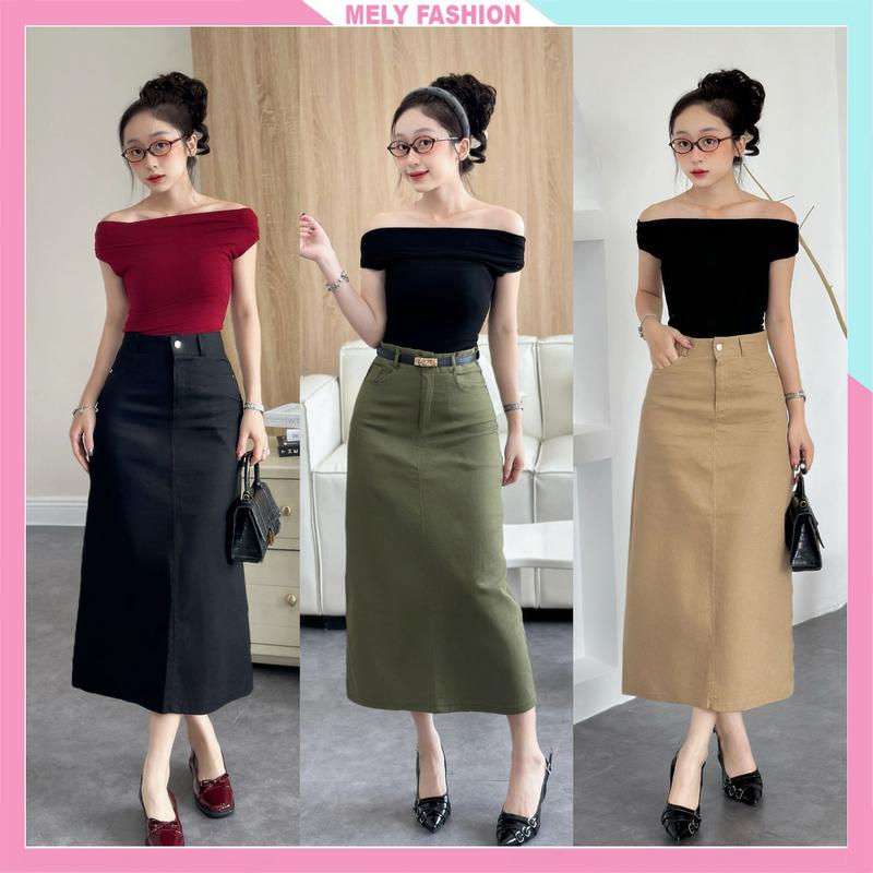 Chân váy kaki dáng dài 80cm Mely Fashion chữ A xẻ sau có túi 2 bên cạp cao tôn dáng che khuyết điểm tốt có bigsize CV104