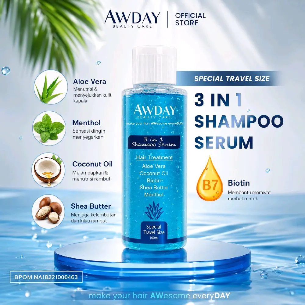 AWDAY Shampoo Serum 3in1 Hair Treatment Conditioner 100ml dengan Aloe Vera Menthol Penumbuh Rambut biru