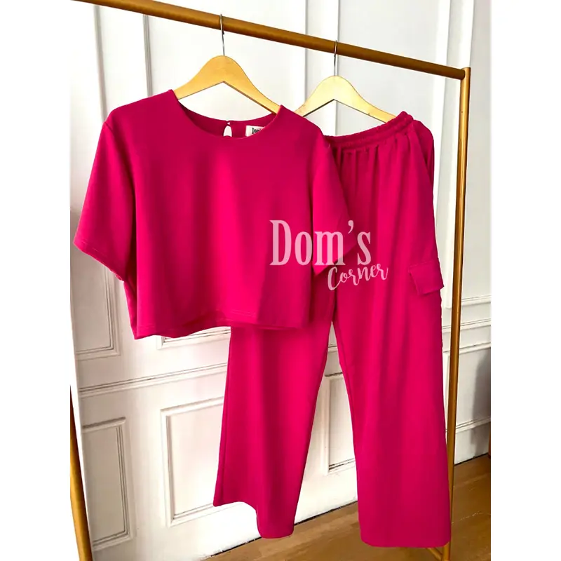 Domscorner - Ji-Yu Cargo set - celana cargo - atasan crop top - basic shirt - basic tee - kaos polos - set ala korea - baju ala korea - cargo pants Karet Katun 8