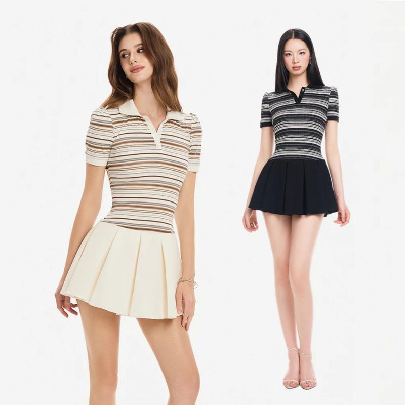  RECHIC Đầm ngắn Noelle dáng xòe tà xếp li phối cổ polo tay ngắn trẻ trung năng động 