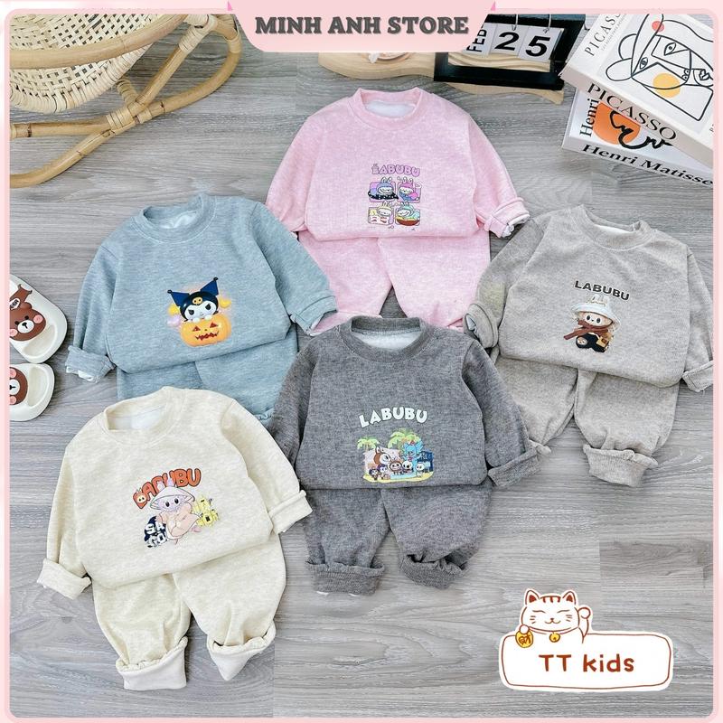 Combo 3 Bộ Quần Áo Nỉ Tăm Lông Thỏ Cổ Tròn hoạ Tiết In Nhiệt Hình LABUBU Giữ Ấm Tốt Cho Bé Trai, Bé Gái Từ 5-15Kg set  len