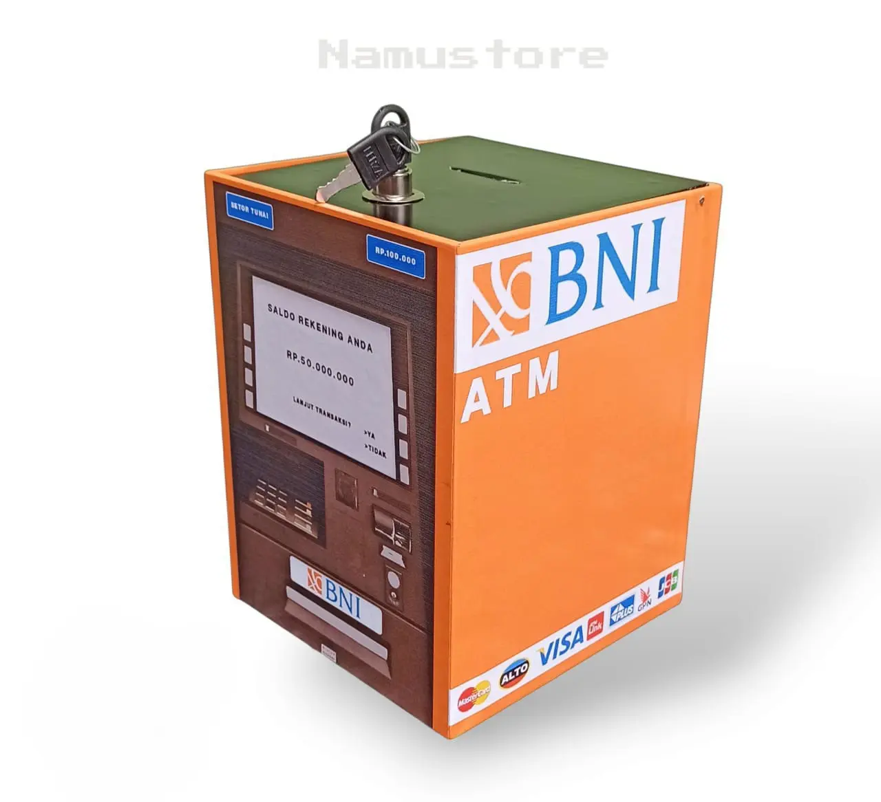 Namustore Celengan TARGET MOTIF jumbo DAN KECIL BNI ATM Ukuran Besar 20x15 cm Buka Tutup dengan Kunci Miniatur Bank Brangkas Premium