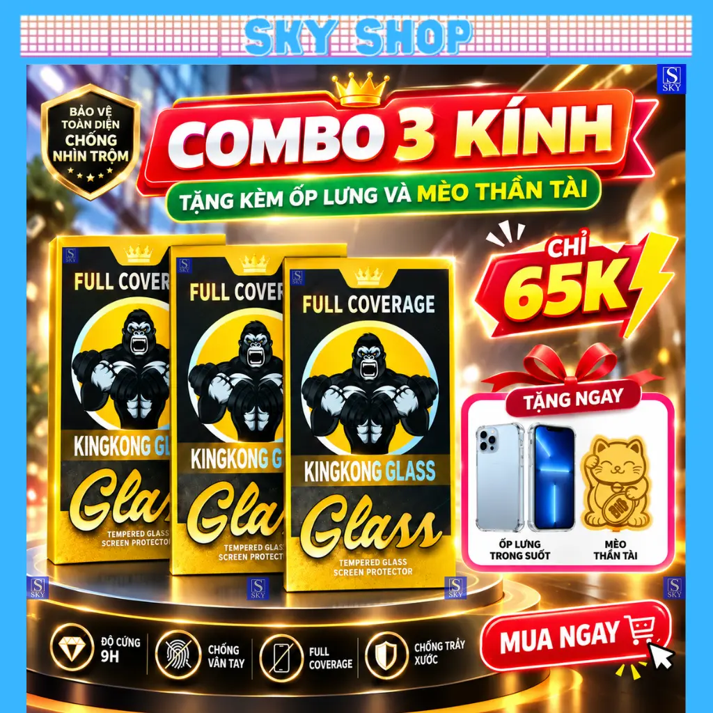[COMBO 3 KÍNH CHỐNG NHÌN TRỘM] Kính cường lực KingKong Glass CHỐNG NHÌN TRỘM dành cho iphone 12 ProMax 17 ProMax 11 ProMax Xs Max Xr 7 8 Plus 16 Pro Max 15 ProMax 15 Plus 14 Pro Max 13 Pro Max có khung tự dán, tặng kèm ốp trong chống sốc và mèo thần tài