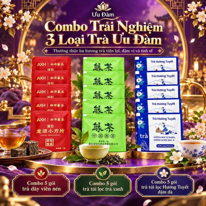 Combo 3 Loại Trà Ưu Đàm 15 Gói 45g – Trà Hương Tuyết, Trà Xanh, Trà Dây Lá Non Viên Nén, Pha Trà Sữa, Trà Chanh, Trà Tắc