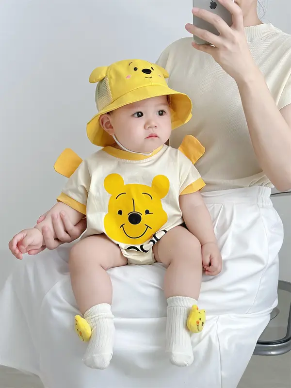 Quần Áo Sơ Sinh Gấu Nhỏ Áo Jumpsuit Quần, Bộ 3 Chiếc, Cho Em Bé Trai, Mặc Mùa Hè, Ngắn Tay, Áo Liền Quần Thời Trang, Thích Hợp Cho 0-24 Tháng 1