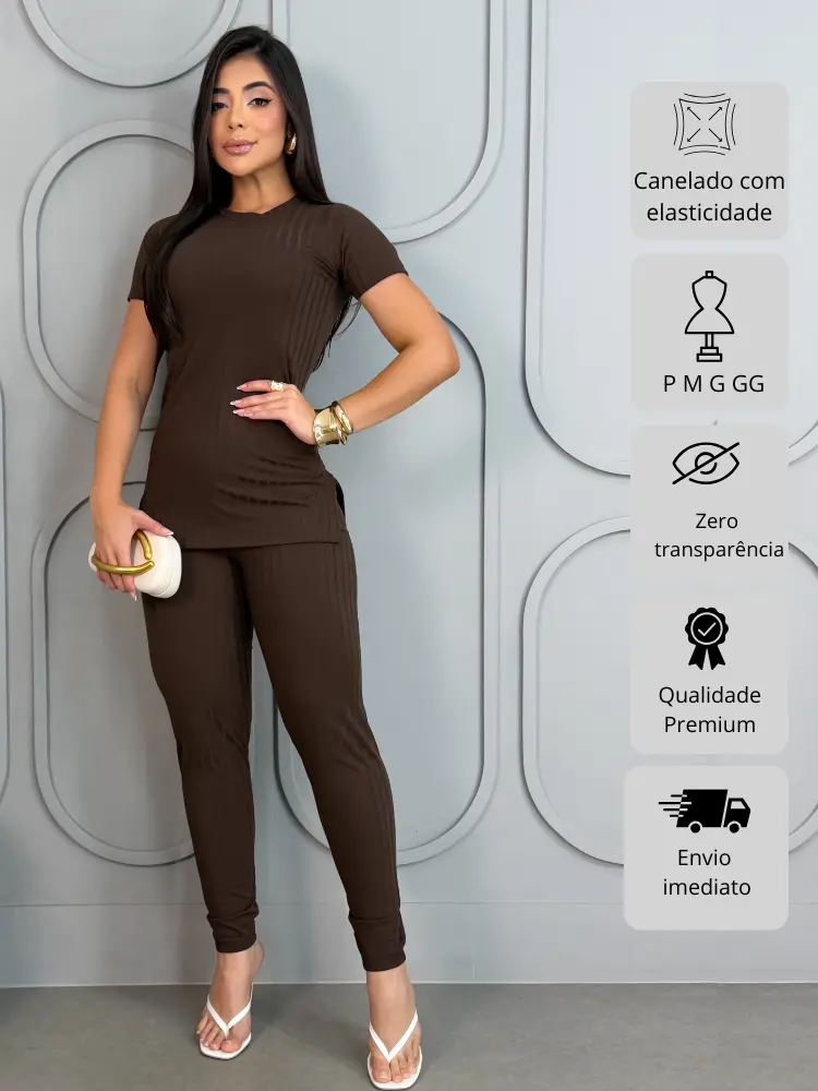 Conjunto Canelado Calça Com Bolso e Blusa Fenda Lateral Manga Curta Elegante Casual Premium - 3