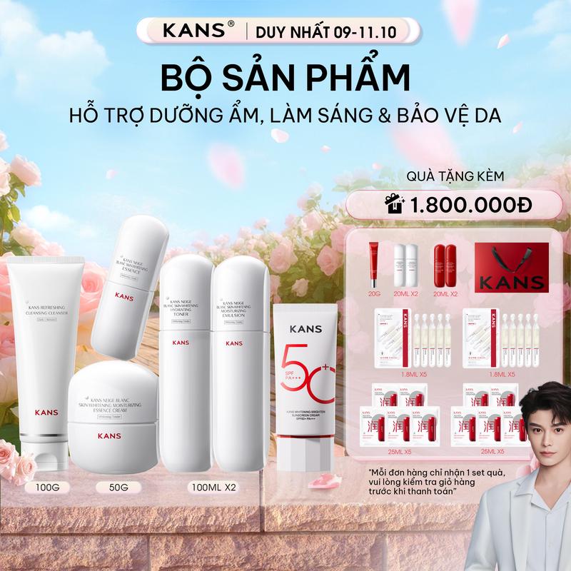 Combo Full Set Sản Phẩm Hỗ Trợ Dưỡng Ẩm Hỗ Trợ Dưỡng Sáng Da KANS Neige Blanc Skin-whitening Hydrating & Kem chống nắng dưỡng sáng da SPF 50+ PA+++ KANS Whitening Brighten Sunscreen Cream 50ml