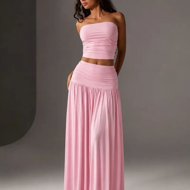 Conjunto Franzido comprimento Malha sem forro e sem tule Gringo Duas Peças top tomara que caia com sustento Elegante para Ocasiões Especiais verão boho chic moda gringa