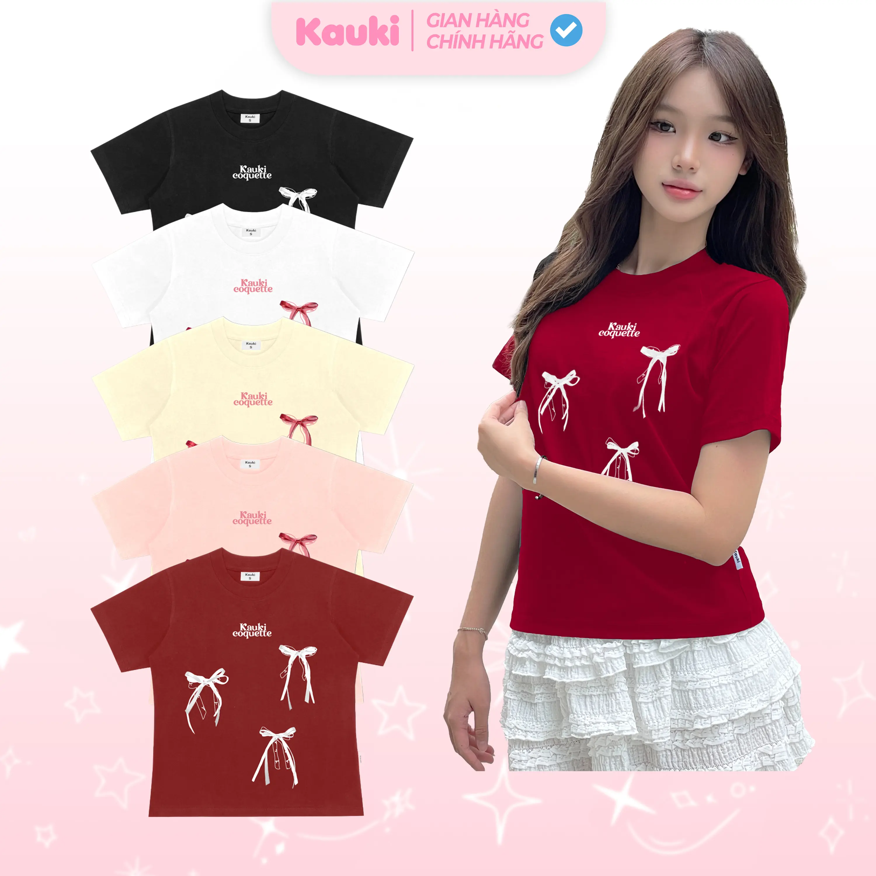 Áo Thun Babytee In Nơ Xinh Xắn Dễ Thương CÓ ĐÍNH NƠ RỜI KAUKI Cotton 250gsm Co giãn 2 chiều Thoáng Mát BBT57 Nữ Cổ Tròn