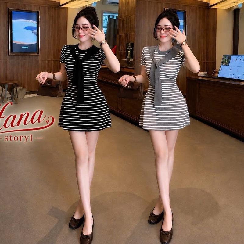 (Tổng xã kho) Đầm Ngắn Dáng Chữ A Kẻ Phối Choàng Cổ Chất Thụn borrip Kèm Quần Rời L072 Nữ Diện Đi Chơi Đi Biển