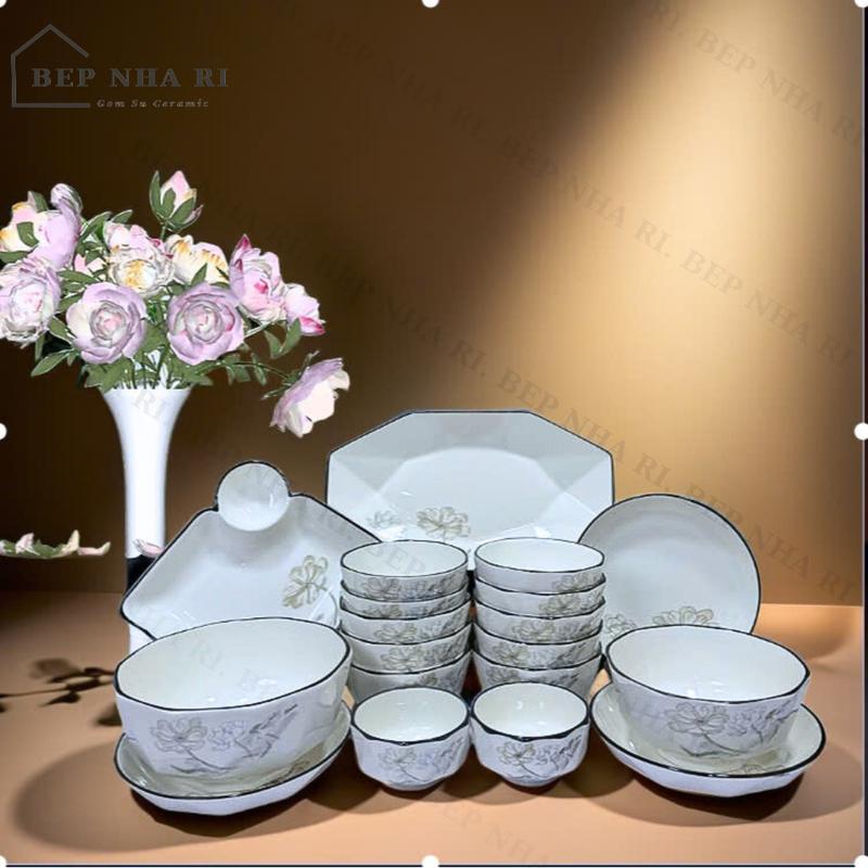 [ Bếp Nhà Ri ] Bộ bát đĩa gốm sứ Ceramic vân Kim Cương  - decor trang trí bàn ăn sang trọng hiện đại 0