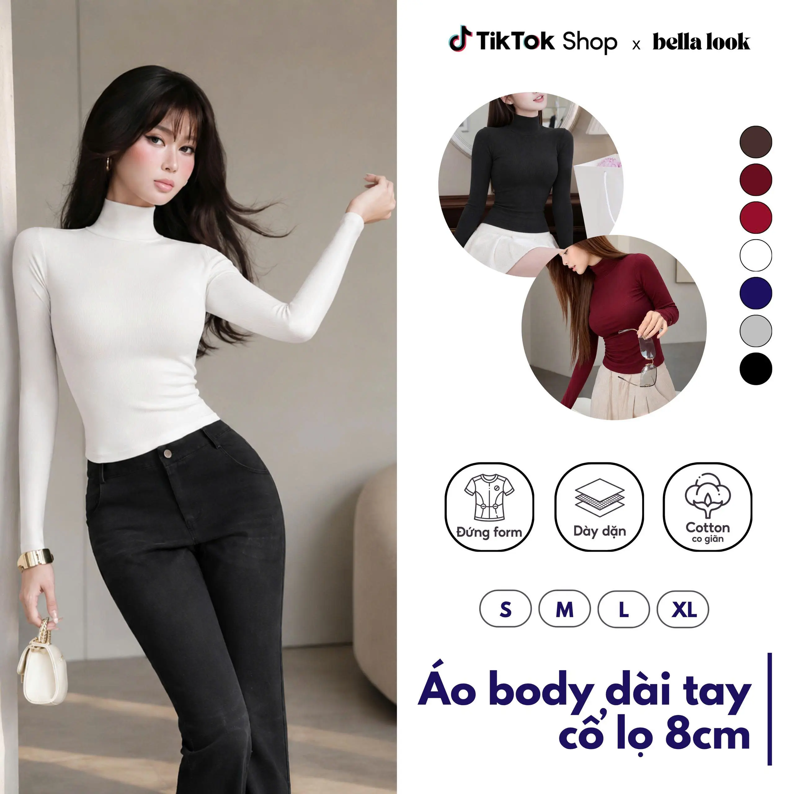 Áo Thun Nữ Cổ Lọ 8cm Dài Tay Co Dãn Mềm Mịn Bella Look 860