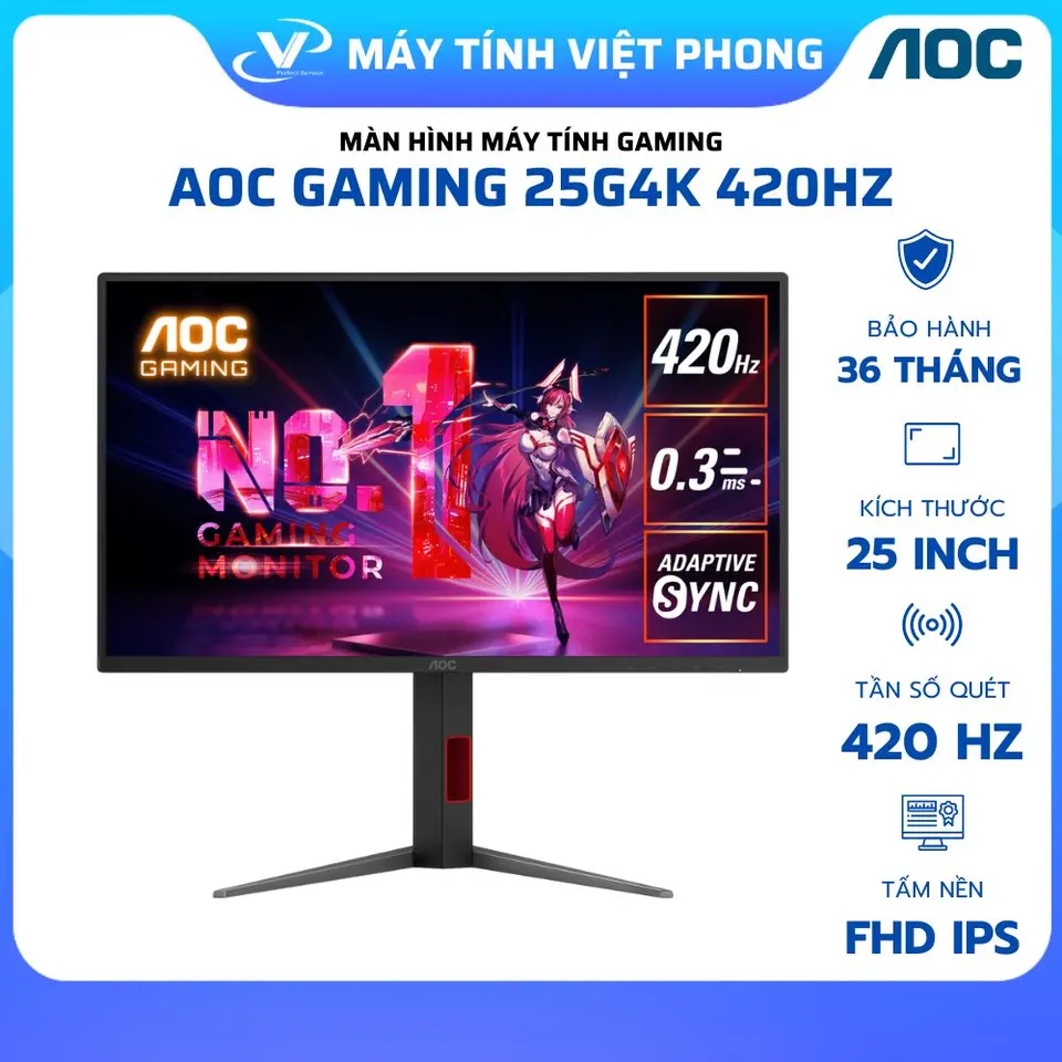 MÀN HÌNH GAMING 420Hz AOC 25G4K (24.5 INCH/FHD/FAST IPS/420Hz/0.3ms) - CHÂN ĐẾ CÔNG THÁI HỌC - BẢO HÀNH 3 NĂM