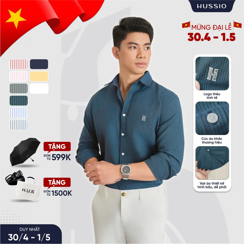Áo sơ mi nam LOGO H SEASON 2 vải OXFORD dày dặn, trẻ trung, năng động - HUSSIO