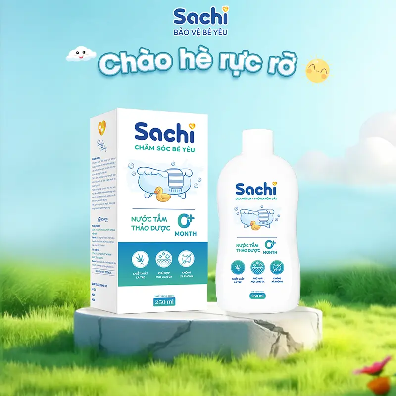 Nước tắm thảo dược an toàn cho bé Sachi chai 250ml làm sạch nhẹ nhàng diu mát da, hạn chế mảng bám da đầu
