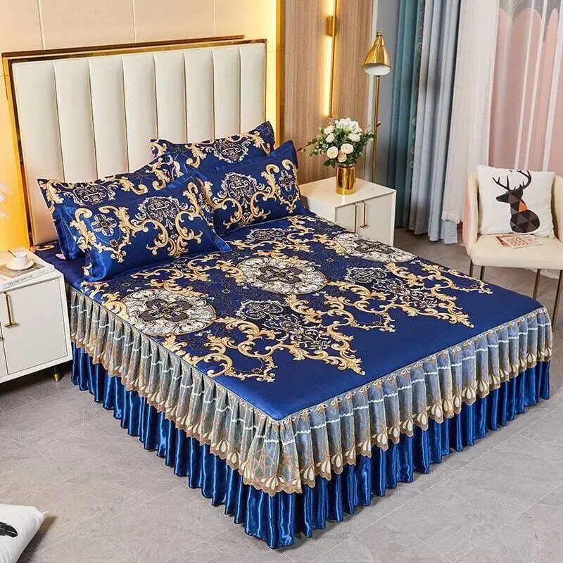 Ice Silk Bedspread Lace Floral Bed Sheets With Pillowcases Elastic Washable Mattress Cover for Queen King Size
