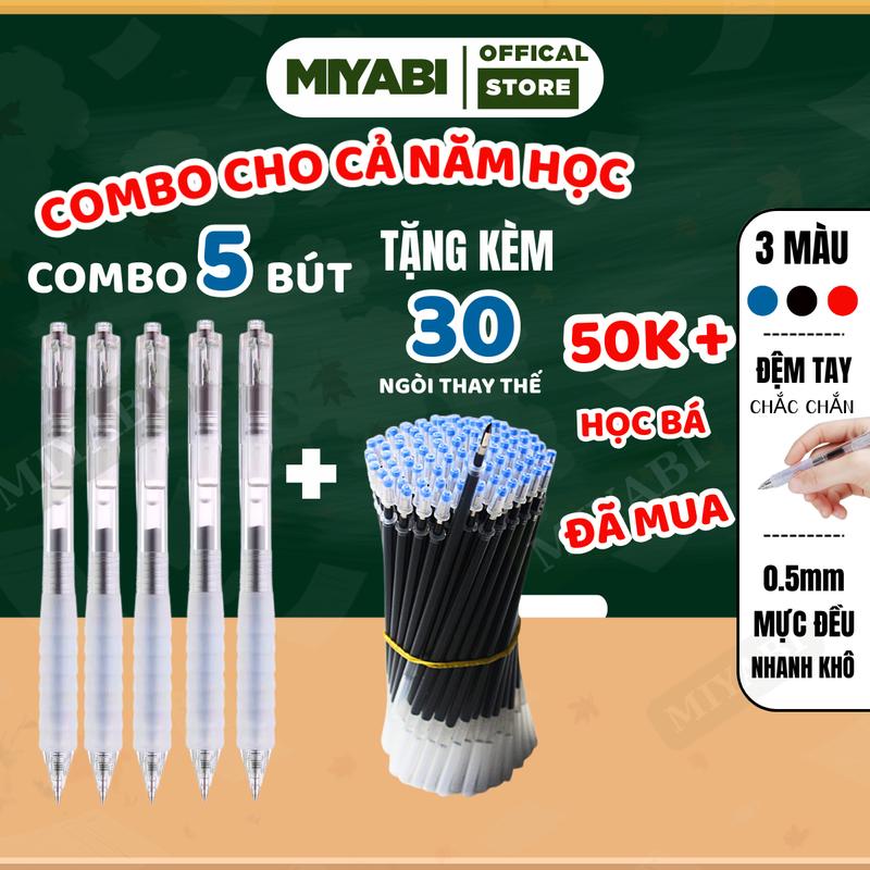 COMBO 5 bút bi nước + 30 ngòi bút gel có đệm tay mực nhanh khô giá rẻ