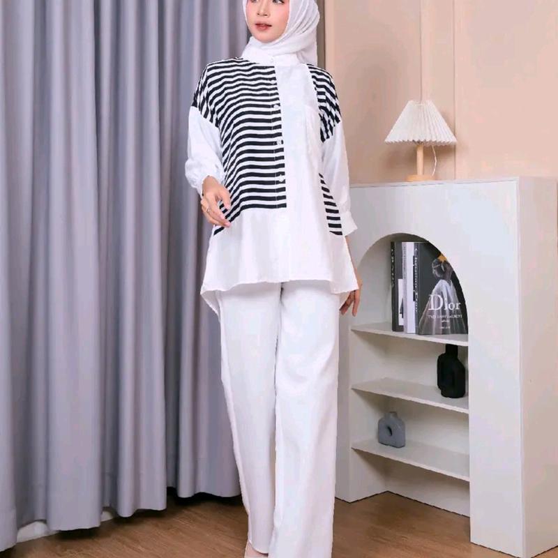 kemeja linen premium wanita terbaru atasan wanita terbaru  wanita import Kain Salur Kemeja garis garis atasan wanita dewasa tunik salur 3
