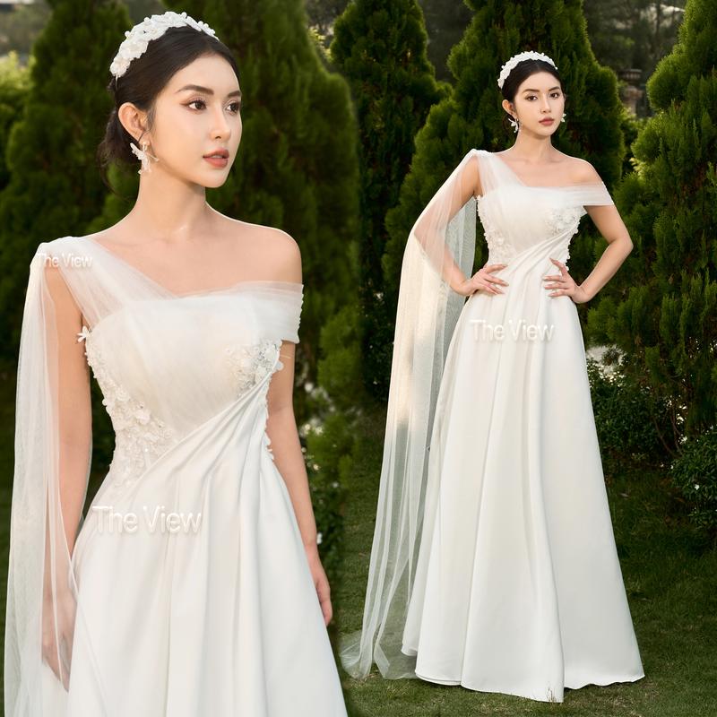   tặng voan  váy cưới mặc tiệc đi bàn cô dâu dáng suông nhẹ nhàng đơn giản trễ vai tay áo choàng cánh tiên chất liệu phi nhật mềm from thiết kế 374 