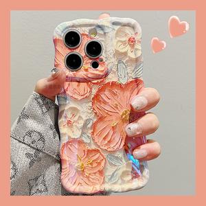 Ins Vintage Oil Painting Flower Case for iPhone 16 15 14 13 12 11 Pro Max Plus Case Floral Design Soft Cover Casing Wave Edge Aesthetic Case for Women Girls Shockproof Protective Phone Case