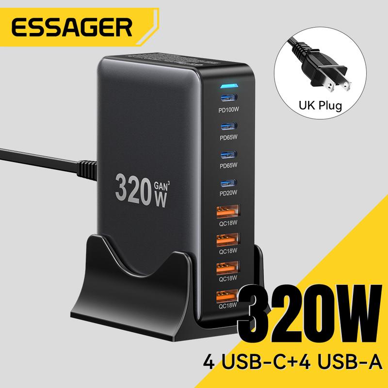 Bộ sạc nhanh USB Type C, Essager, GAN 320W, Bộ sạc nhanh 3.0, 8 cổng, Bộ sạc PD USB Type C 100W, Tương thích với MacBook Pro, iPad, iPhone 16, 15, 14