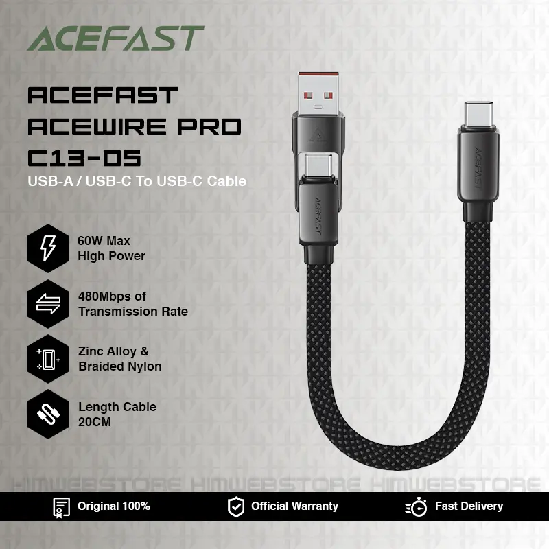 Kabel Data Charger 2in1 PB Powerbank Power Bank Pendek PD 60W USB-C / USB-A To USB Type-C ACEFAST Acewire Pro C13-05 Super Fast Charging Short Cable