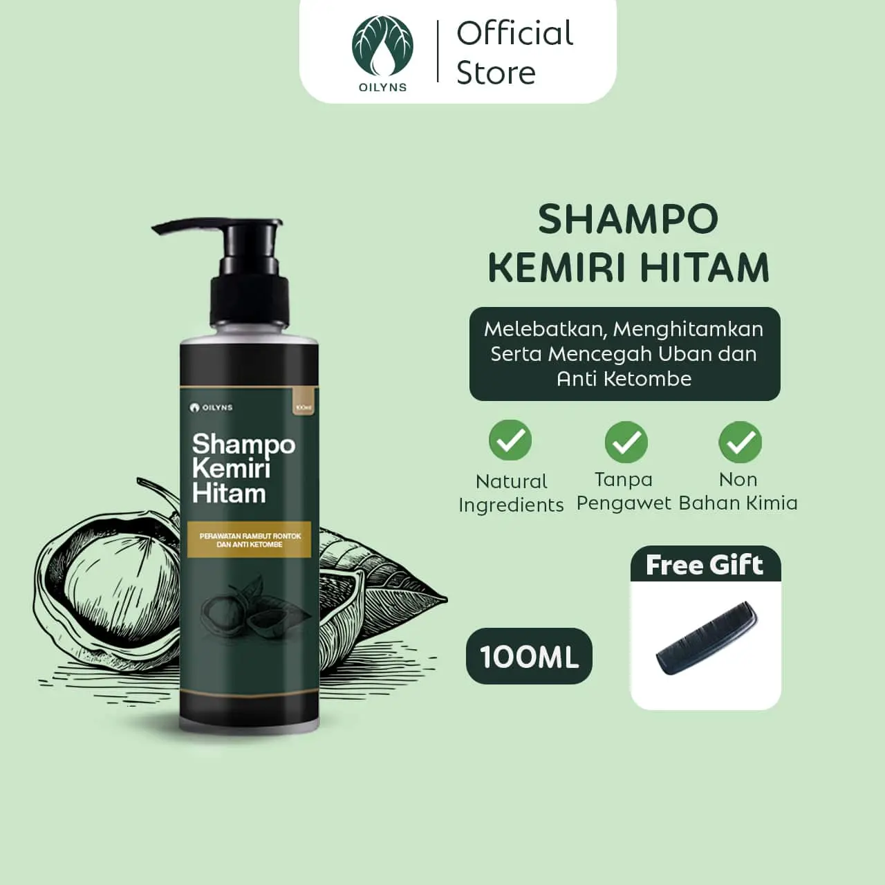 Oilyns - Shampo Kemiri Hitam 100ml -  sampo Anti Rontok, Penghitam Uban, Penebal penumbuh Rambut, Mengatasi Ketombe, Haircare