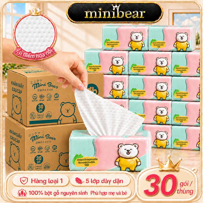 Không Tẩy Trắng - Không Hóa Chất! Khăn Giấy Đa Năng Minibear 5 Lớp, Bột Gỗ Nguyên Chất 100%, An Toàn Cho Trẻ Sơ Sinh, Bà Bầu & Gia Đình (300 Tờ/Gói)