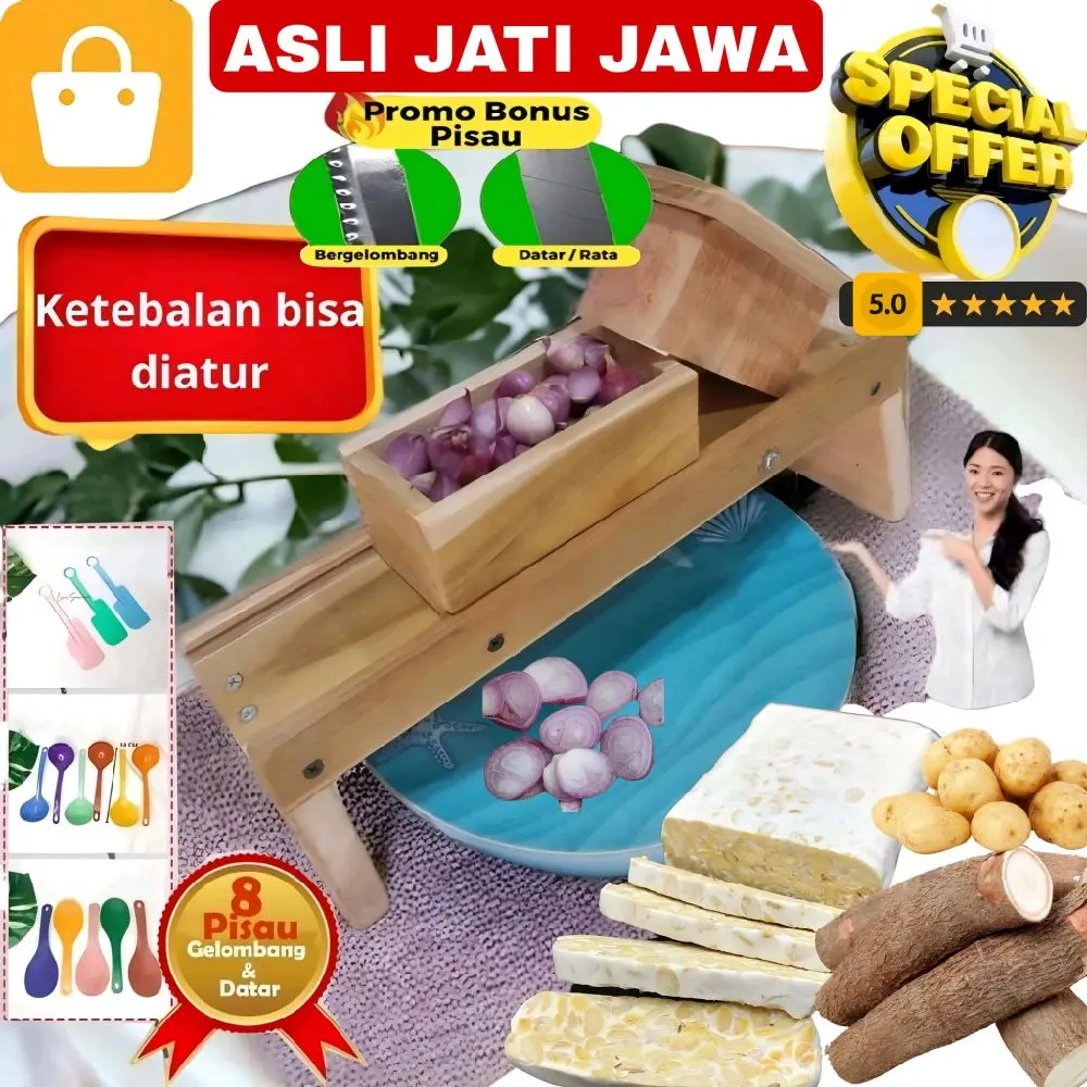 BONUS 8 PISAU PENGIRIS BAWANG KERIPIK SINGKONG KENTANG CABAI TEMPE BAHAN JATI EXTRA BONUS Gambar Kayu