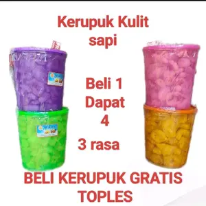 KERUPUK/jangek kulit sapi  toples 4 liter dapat 4 toples dengn 3  varian rasa. Camilan Pedas Asin