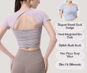 Women’s short-sleeve yoga top with built-in bra pad — quick-dry, comfy for gym, running & Pilates[YA102]
